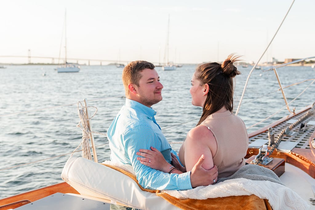 couple smiles after newport rhode island proposal