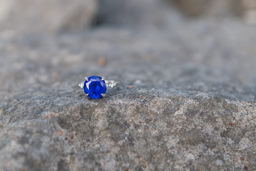 sapphire engagement ring on rock