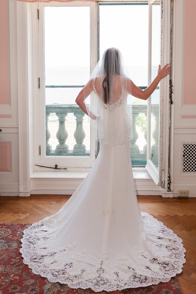 bride in open window